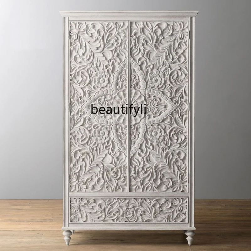 American double-door wardrobe, begonia flower solid wood carving flower wardrobe, French two-door storage cabinet