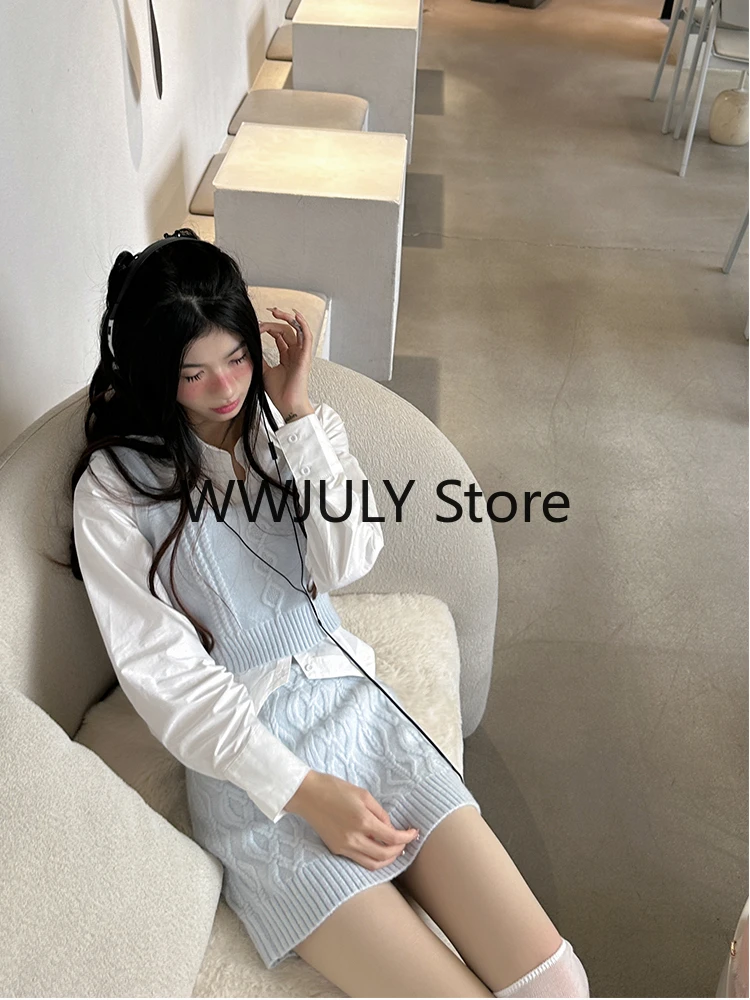 Japanese Fashion Suit Skirt Woman Sweet Crop Tops Slim Bodycon Mini Skirt Knitted Sweater 3 Piece Set Office Lady 2023 Autumn