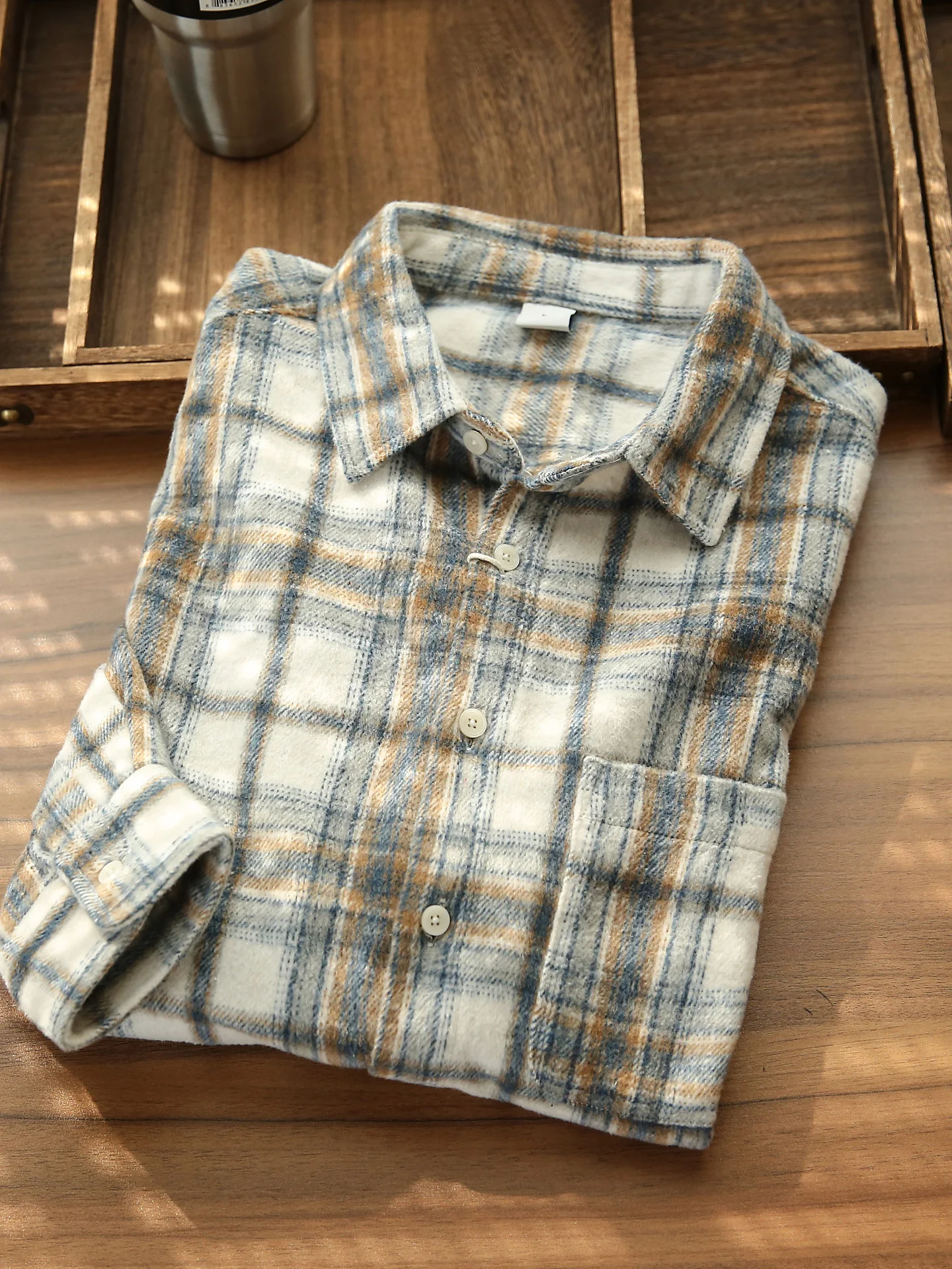 

Autumn Winter Heavyweight American Retro Warm Brued Plaid Long Sve irt Casual Loose Outerwear Men's Breathable Polyest...