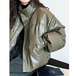 Women Winter White Duck Down Coat Long Sleeve Stand Collar Women Warm Pu Leather Short Cool Jacket Coat Casaco Feminino Tops