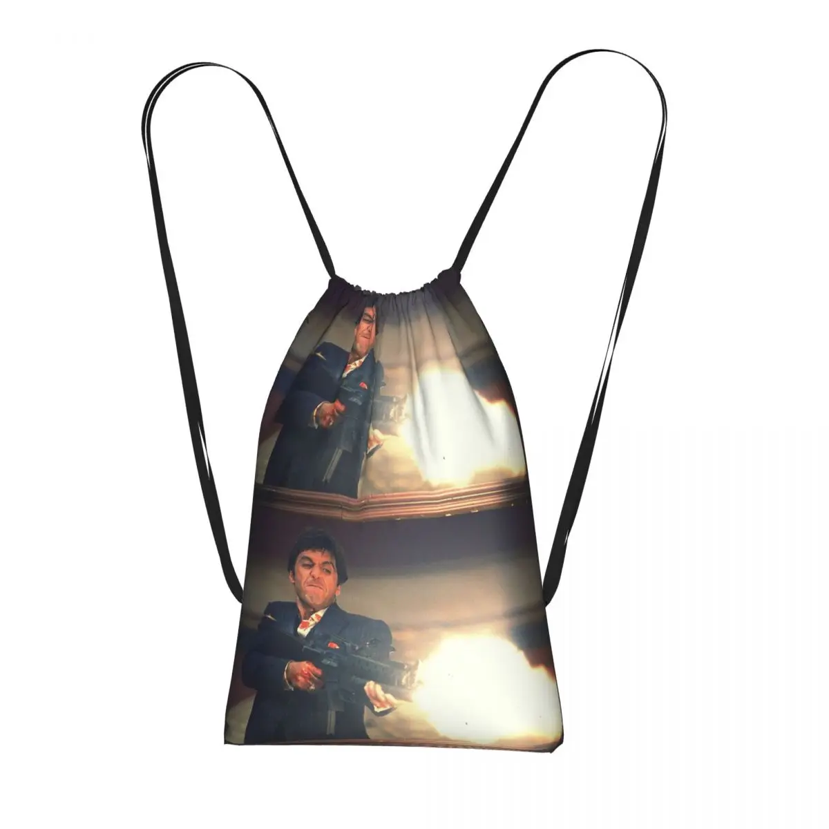 Scarface Tony Montana Shooting Drawstring Backpack Sports Gym Bag Portable Travel Drawstring Bag for Men Women