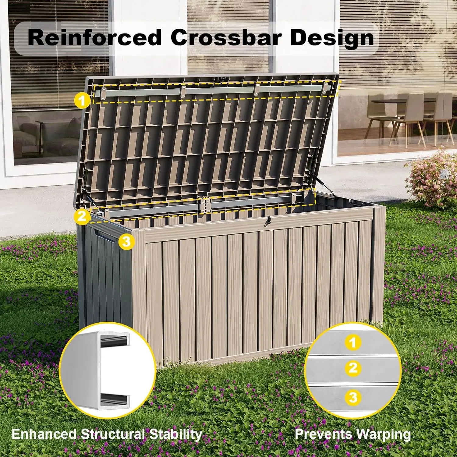 150 Gallon Lockable Resin Deck Storage Box, Weather‑Resistant Outdoor Organizer Container for Patio Furniture Cushions, Garden Supplies and Tools, Grey