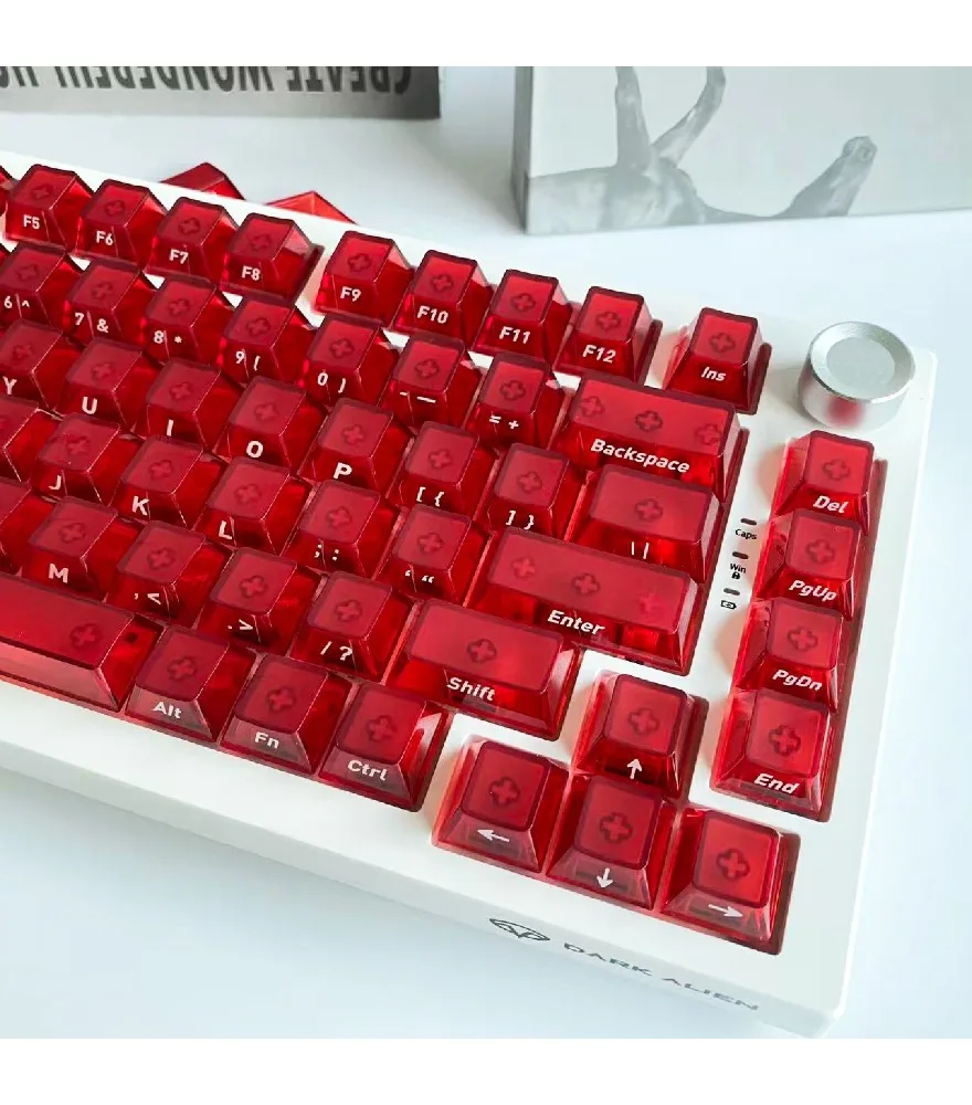 

Top surface matte four sides fog transparent red side engraved keycaps 118 keys small full set of two-color injection molding