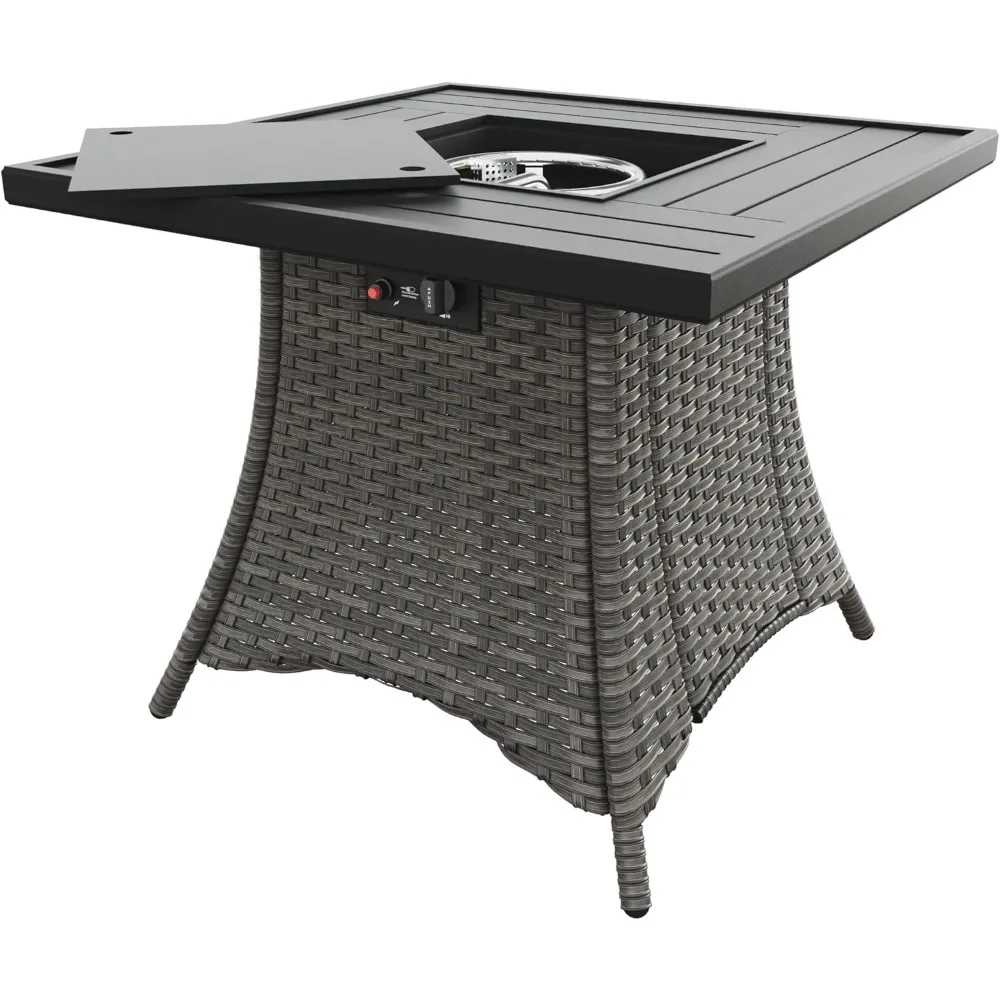 

31” Fire Pit Table, Square Black Steel Tabletop and Rattan Wicker Base, 55000 BTU Outdoor Rattan & Wicker Propane Gas Fire Pit