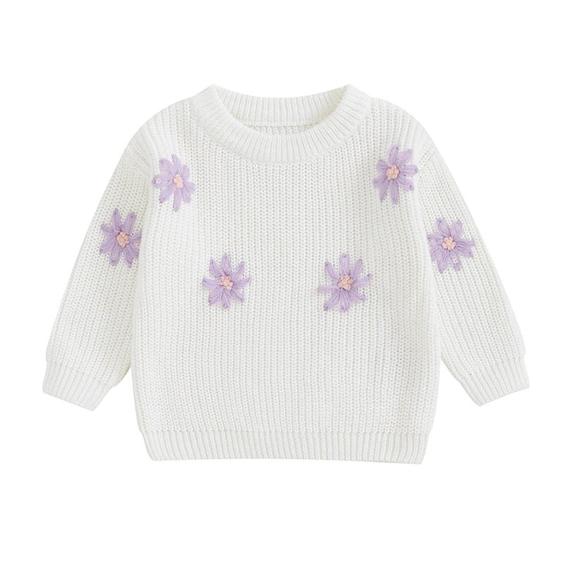 

Girls Floral Embroidered Crew Neck Sweater with Long Sleeves - Stylish Pullover Top for Fall Season Toddler Kids