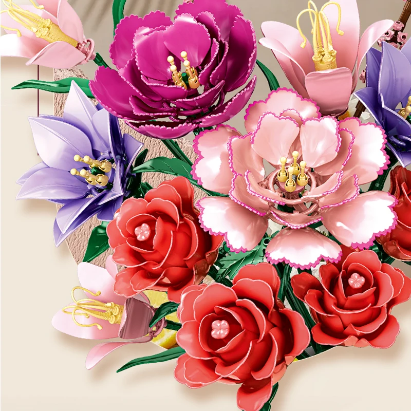 Juego de bloques de construcción de ramo de flores artificiales, 769 Uds., con rosa, peonía, lirio, Eustoma, flor de melocotón, juguetes para niños
