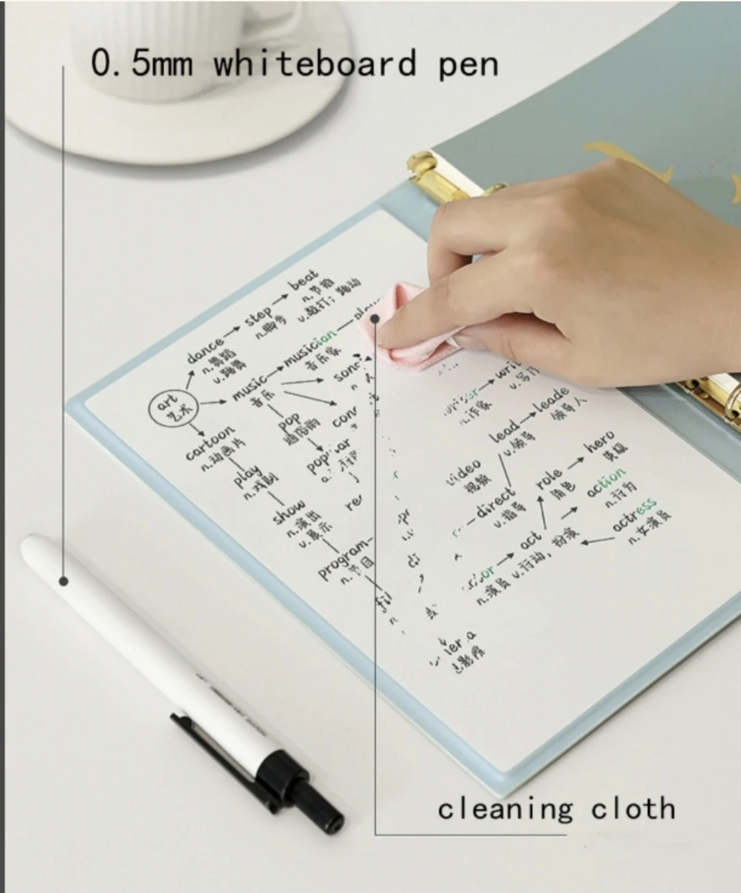 Nueva carpeta A5 de 6 anillas con pizarra blanca, cubierta de planificador de cuaderno recargable para inserciones de planificador A5 y papel de repuesto, grabar en cualquier momento