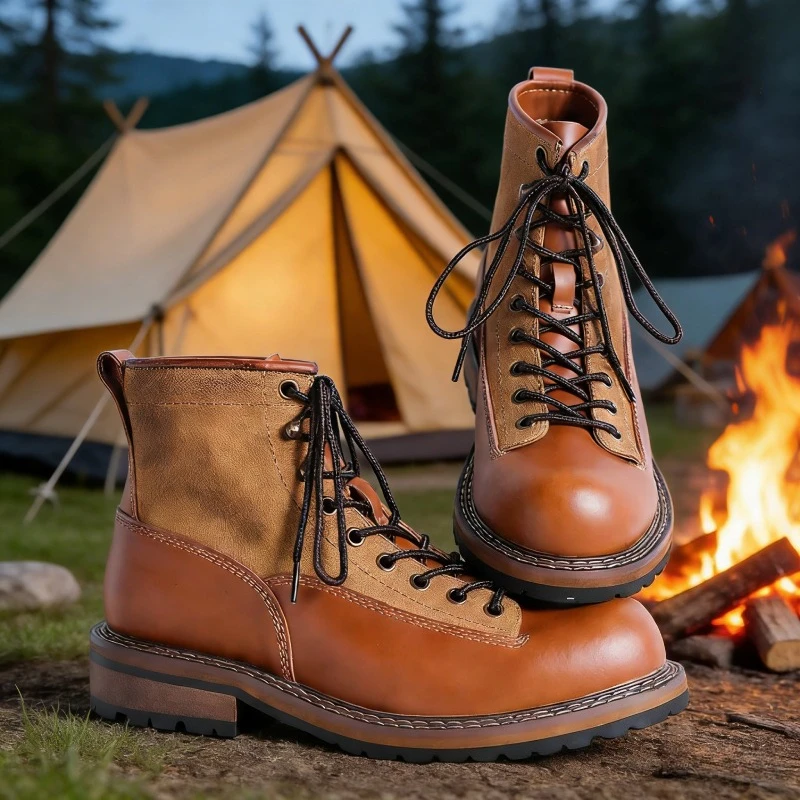 

Vintage Men Boots Round Toe Lace Up Men Short Tooling Boots High Quality Genuine Leather Outdoor Men Casual Shoes Brown
