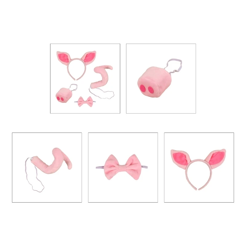 Animal Cosplay Costumes Pig Ears Headband Bowtie Tail Nose Halloween Party Props DXAA