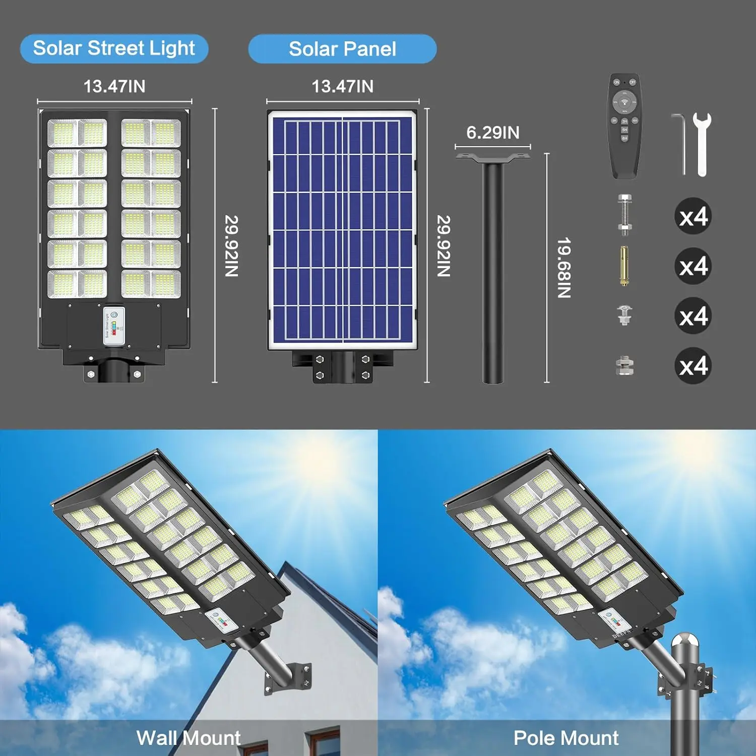 Lampione stradale solare da 8000 W, luci di inondazione a LED dal tramonto all'alba da 480000 lumen con sensore di movimento e telecomando