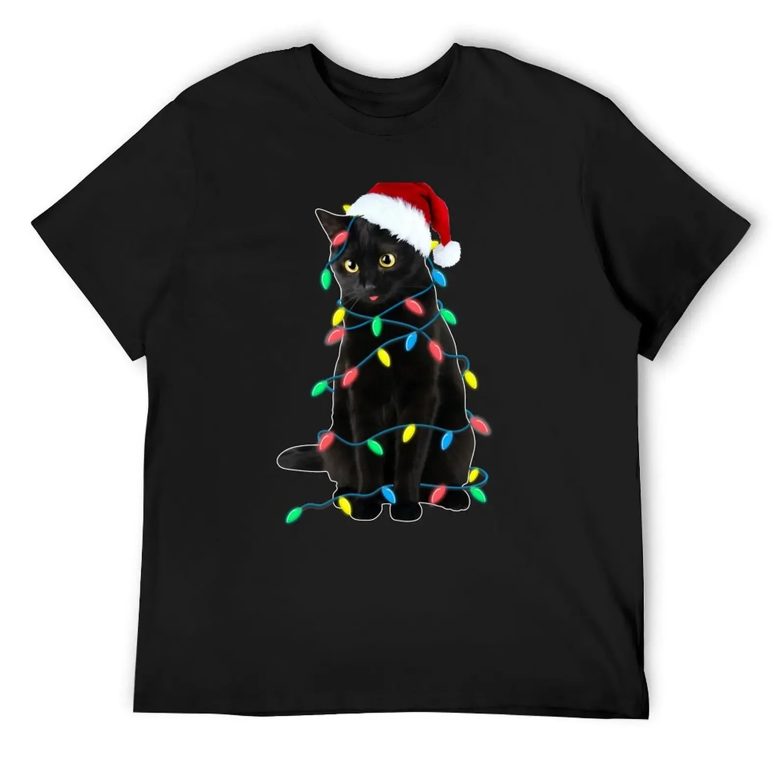 

Black Cat Christmas Led Lights Xmas Tree kitten in Santa hat funny gift T-Shirt customizeds men t shirts