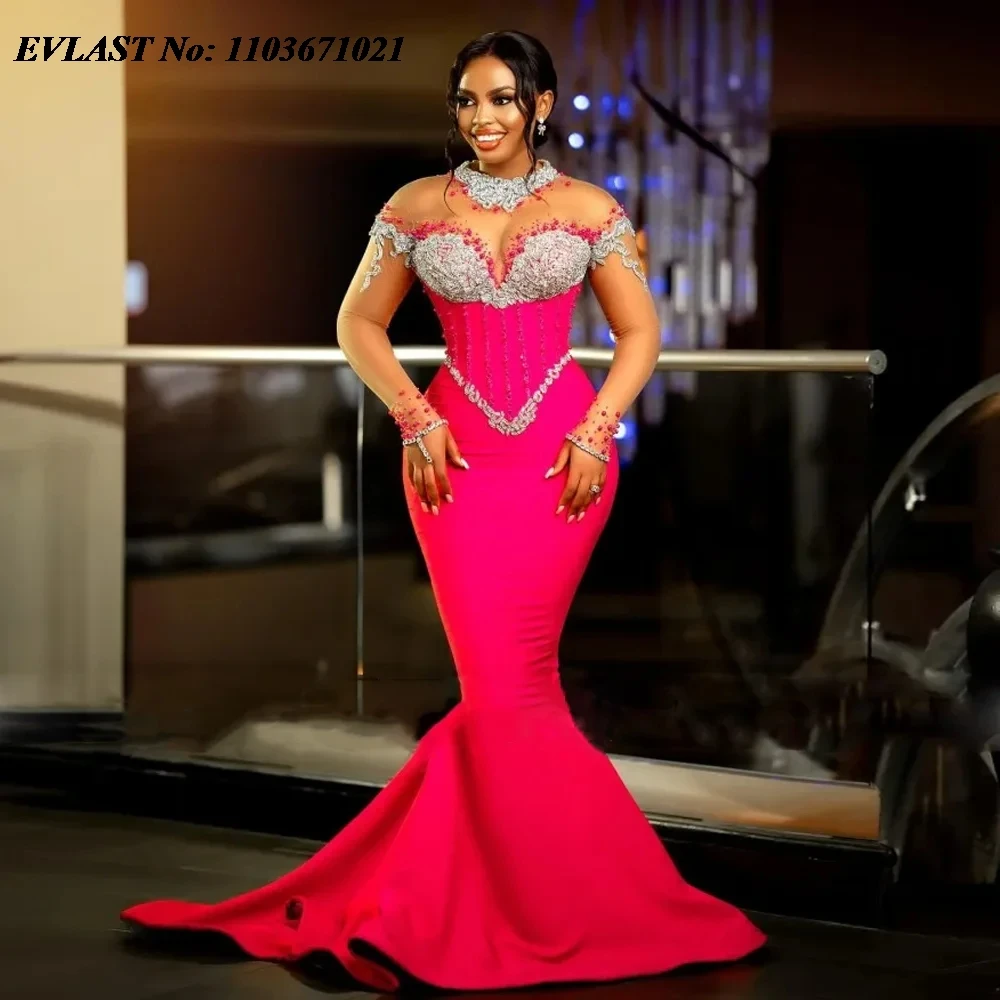 

EVLAST Elegant Hot Pink Aso Ebi Prom Dress 2024 Beaded Stretch Satin African Formal Party Engagement Dress Birthday Gowns P140