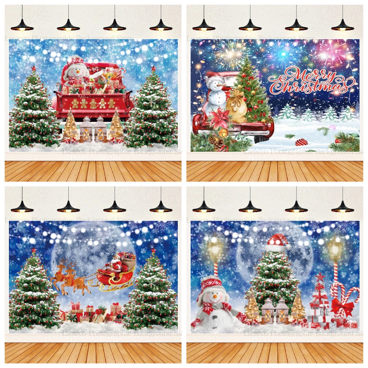 

Christmas Party Backdrop Winter Wonderland Christmas Night Snowman Xmas Tree Gifts Red Car Family Party Photography Background