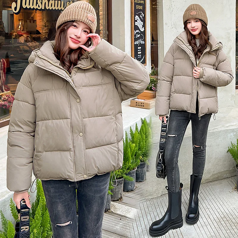 Hooded Parkas Coats Women Solid Short Jacket Pocket Drawstring Zipper Long Sleeve Loose Fit Thick Office Lady Casual 2025 Winter