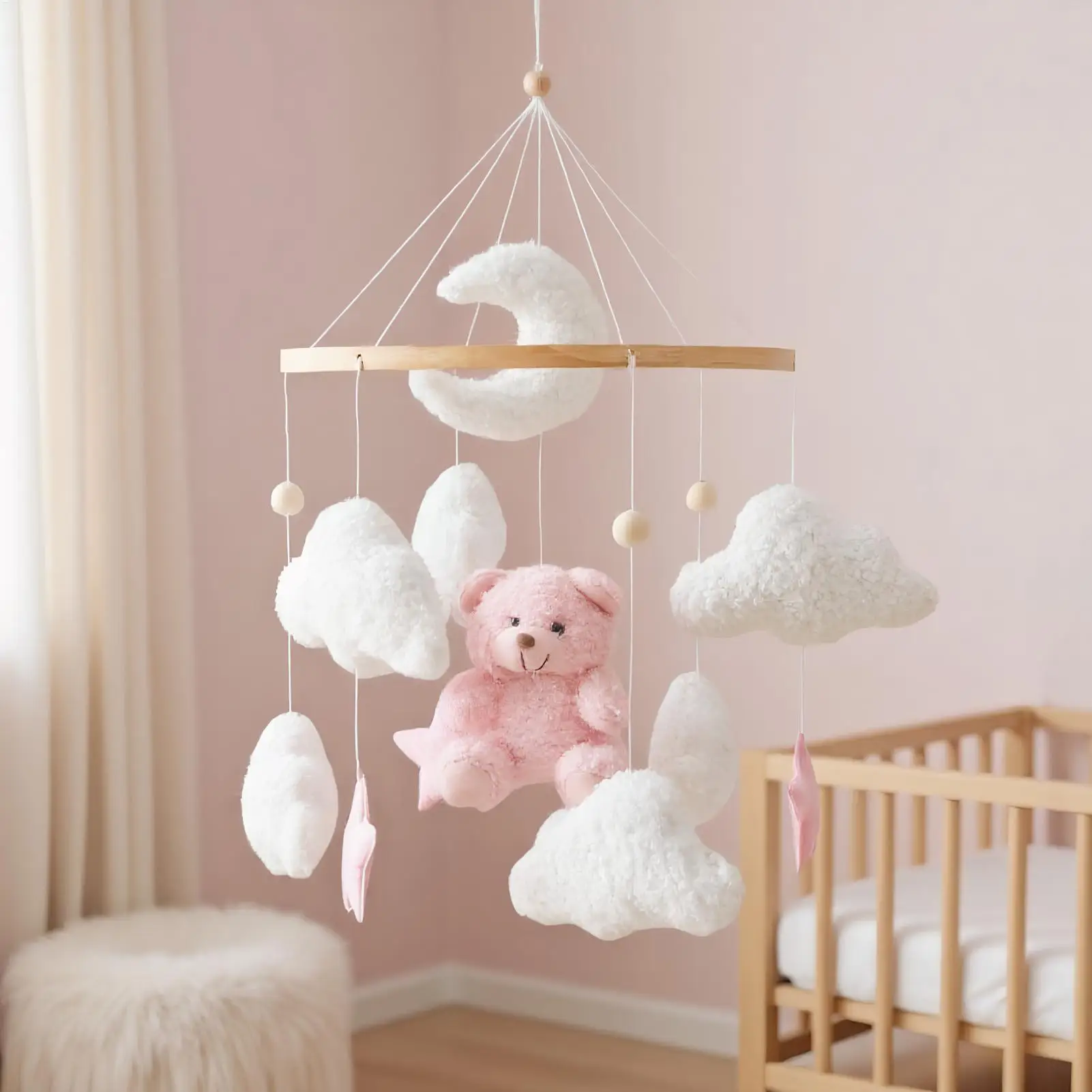 Baby Crib Mobile Rattle Toy Soft Felt Cartoon Velvet  Bear Mobile bracket baby Music Box Bed Bell Hanging Bracket Toy