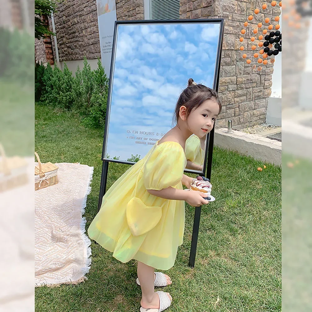 2021 Summer Kids Girls Puff Sleeve Dress Korean Stylish Baby Girls Shiny Yellow Tulle Fairy Princess Dresses Children Clothes