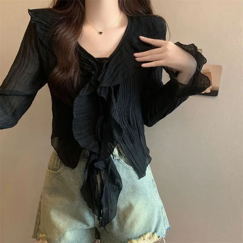 French High-end V-neck Ruffle Design Versatile Reducing Age Long Sleeved Tie Sexy Summer Sun Protection Top