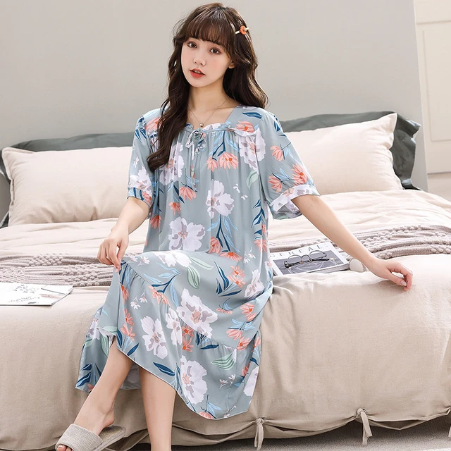 Nightdress Print Nightgown Cottton Home Wear Sleepdress Square Neck Home Clothing Dress Flower Sleep Dress Clothes AliExpress