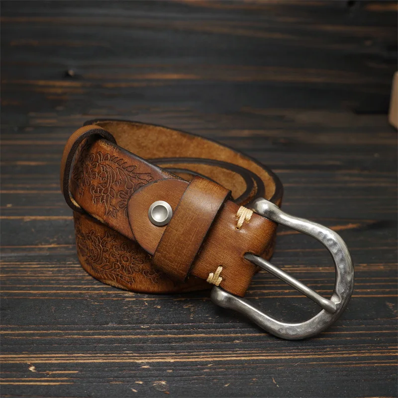 Men's thickened pure steel hand-carved color-brushed retro belt versatile casual top layer pure cowhide belt