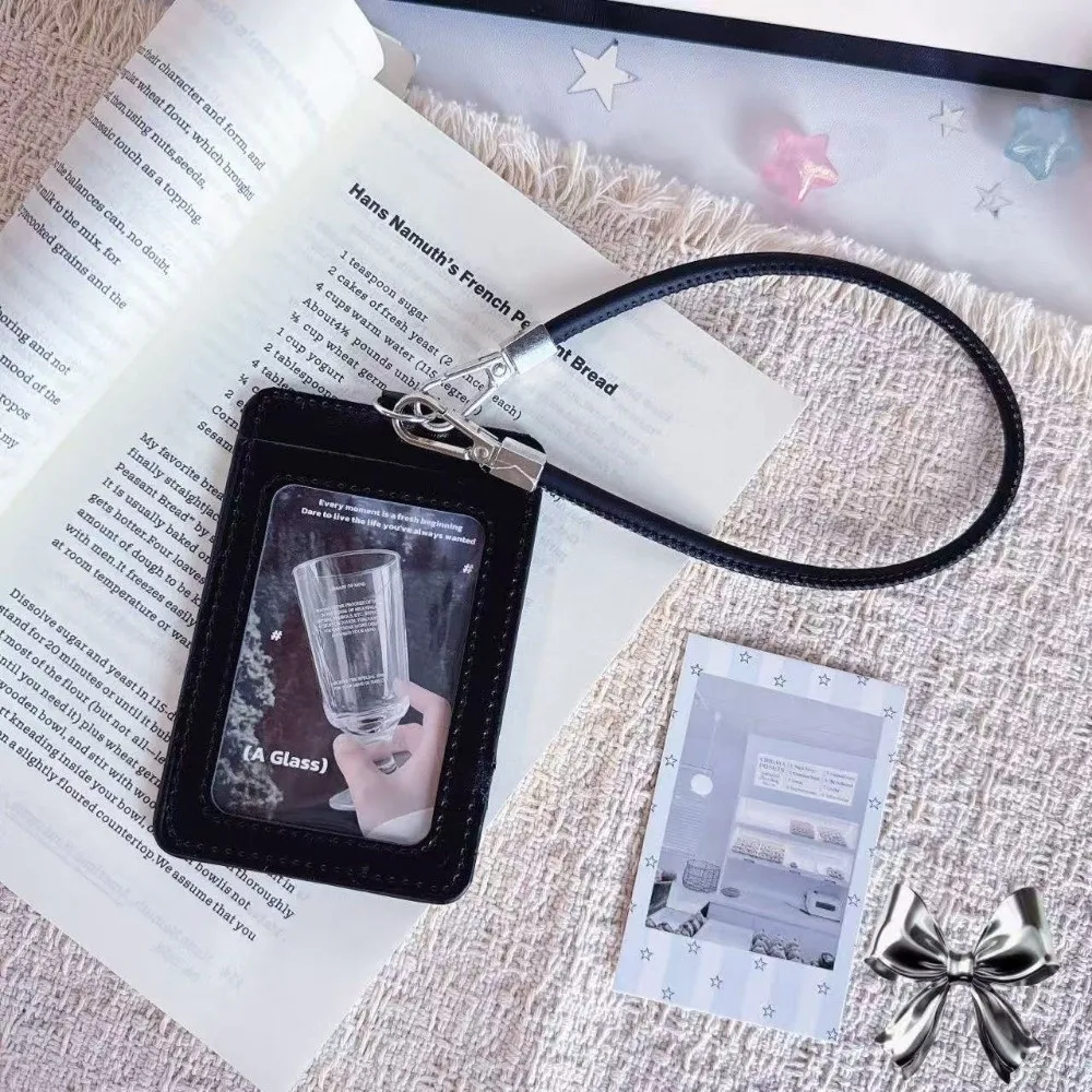 Minimalist PU Leather Card Holder Dual-Slot With Hand Wrist Strap Card Case Access Control Card Sleeve Bus Card