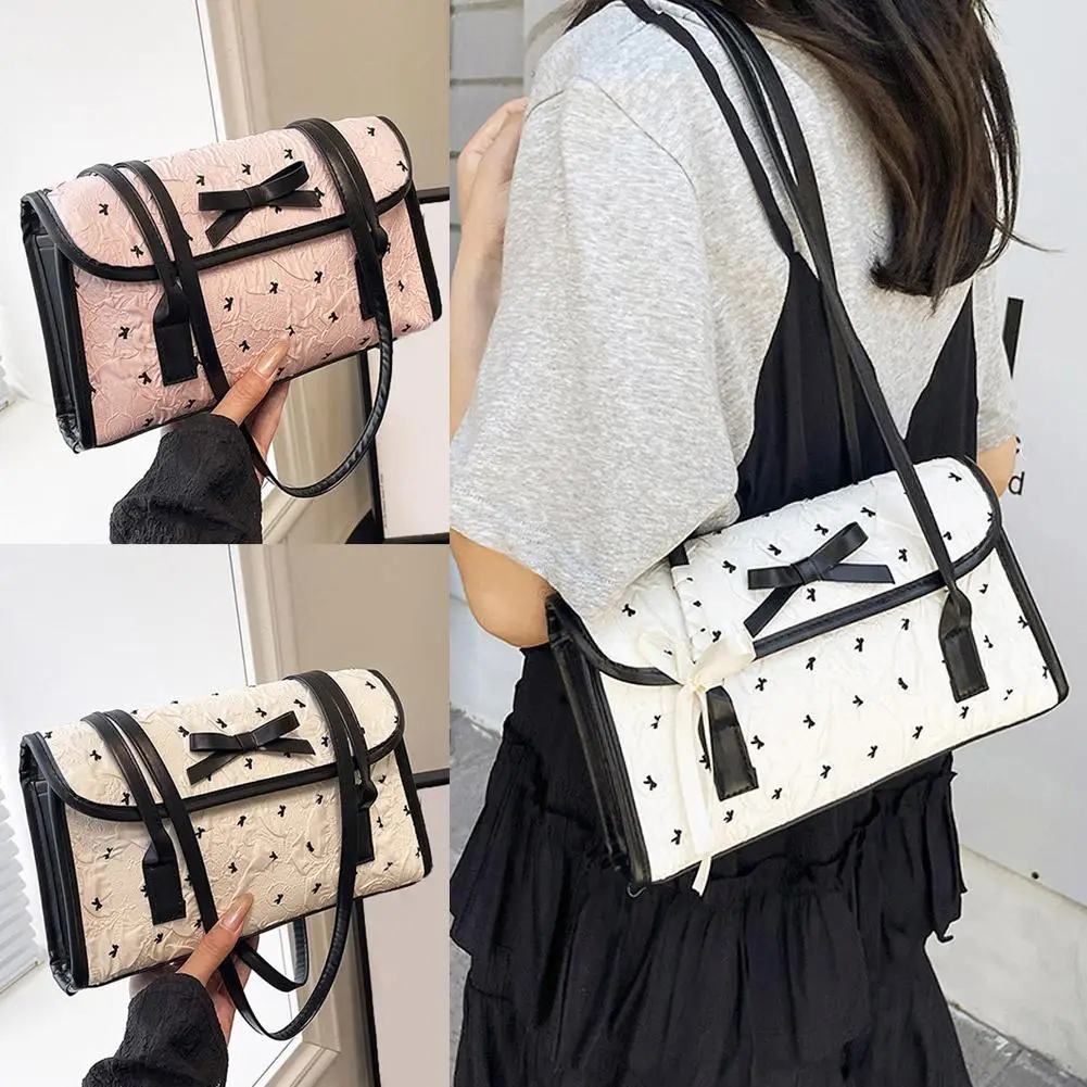

White Lace Bow Print Underarm Bag Fashion Commuting Shoulder Bag Large Capacity Elegant Versatile Crossbody Bag