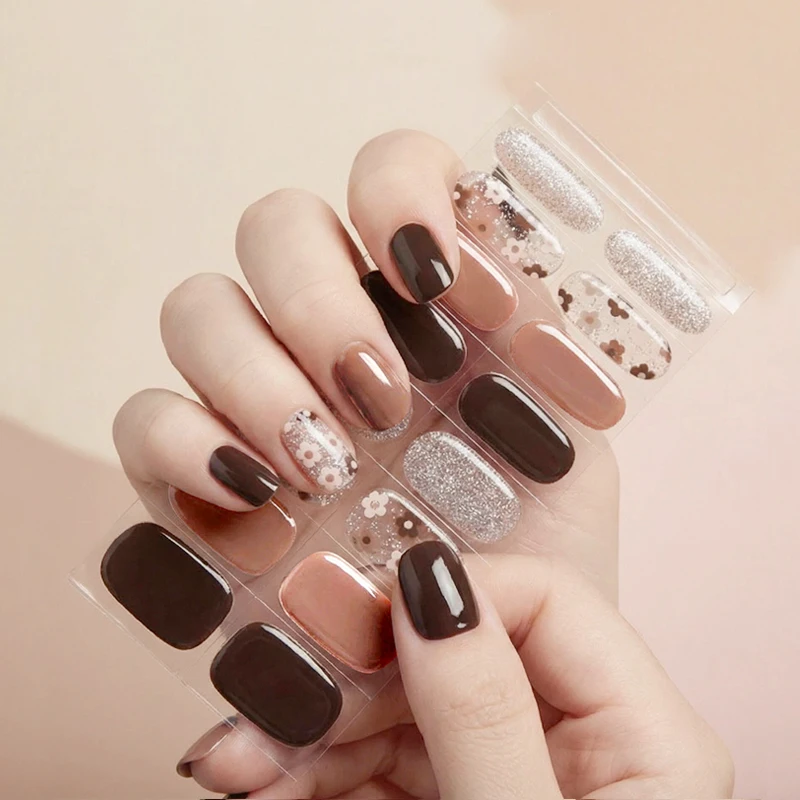 16Tips Semi Cured Wraps Fast Gel Nail Sticker Soild Nail Gel Wraps Adhesive Full Cover Gel Nail Decal UV Lamp Cured Manicure Dec