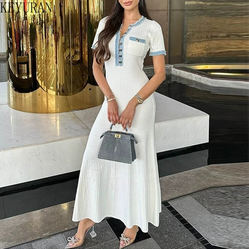 

2025 Summer Denim Patchwork Knitted Dress Women's Elegant Casual Simple O-Neck Slim White Midi Long Dresses Female Robe Vestidos