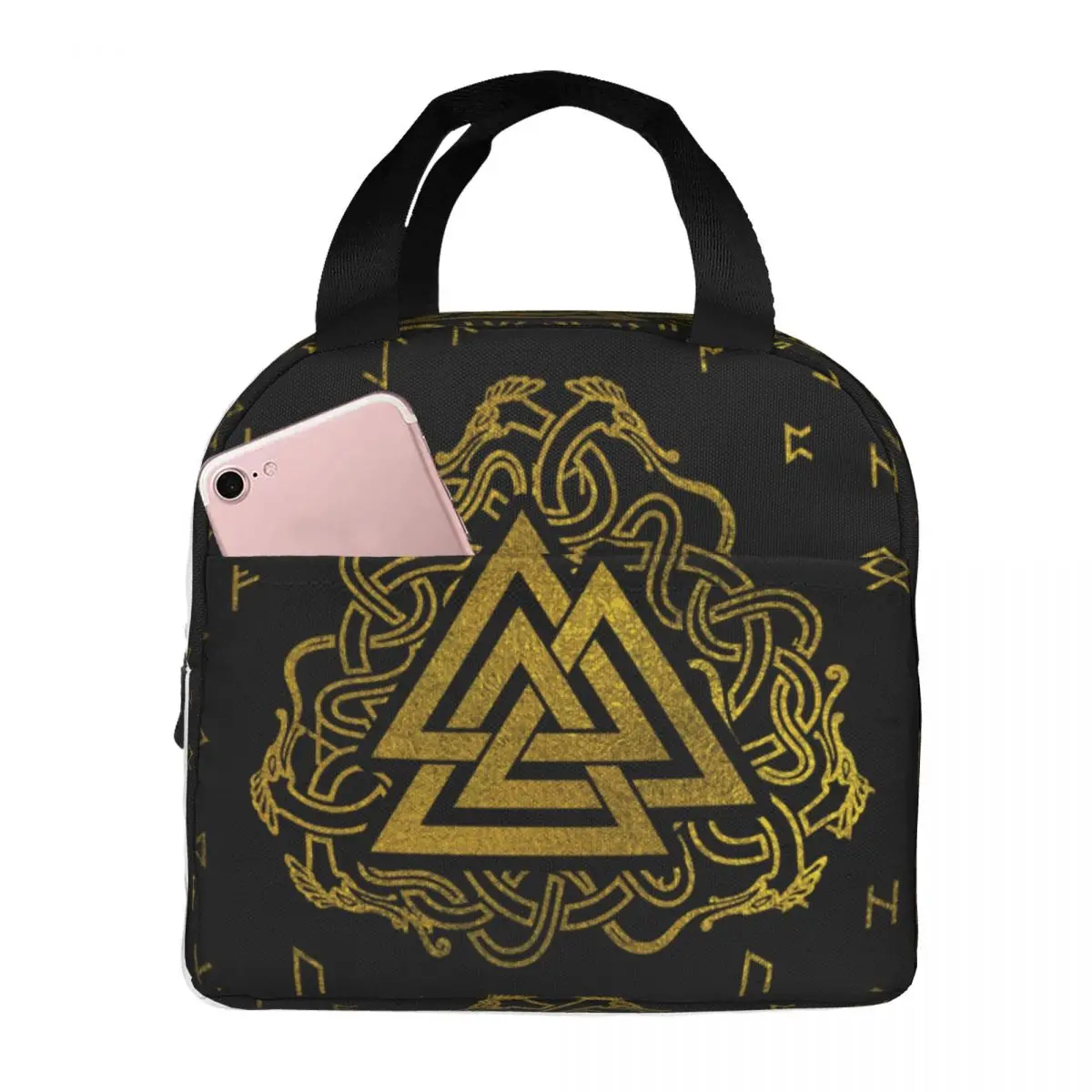 Gold Valknut Symbol On Runes Pattern Lunch Bags Waterproof Insulated Cooler Bag Thermal Picnic Lunch Box for Women Children