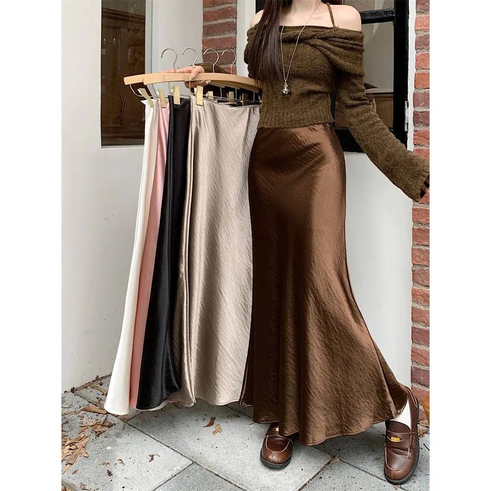 Jupe longue en satin texturé haut de gamme pour femme, collection Printemps-Été 2026, taille haute, coupe ample, maxi, élégante, style queue de poisson, idéale pour le bureau