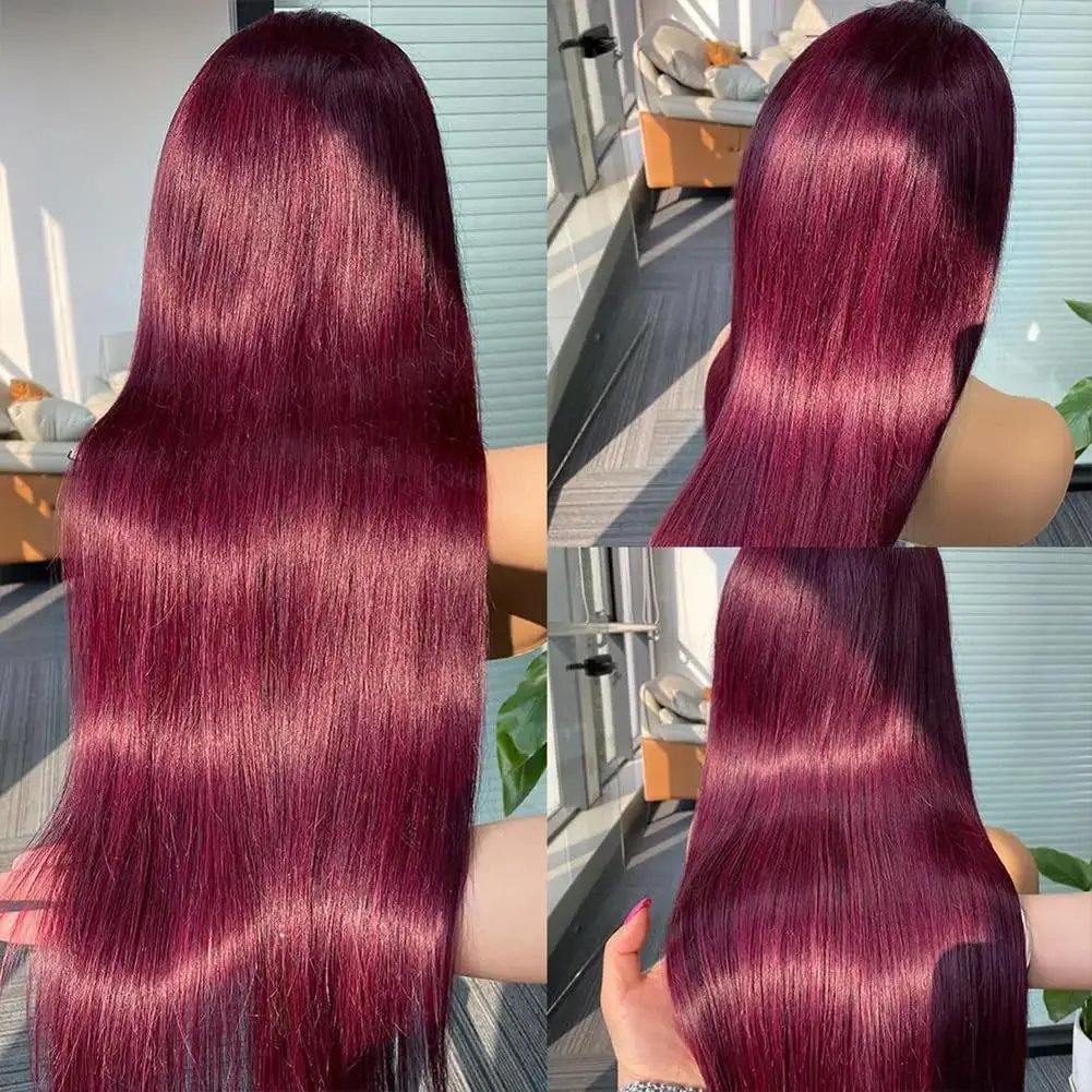 Peluca de cabello humano liso con malla frontal, pelo de bebé 13x4 HD, transparente, Borgoña, brasileño