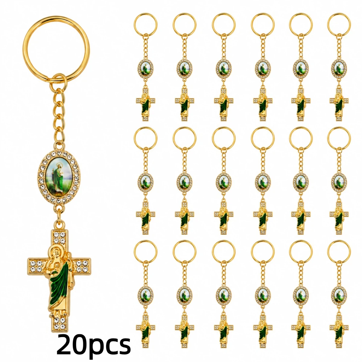 20 Piezas de Dijes de Llavero con Cruz de San Judas y Pedrería, Colgantes Religiosos de Medalla de San Judas para Bolsos, para Bautismo, Comunión, Confirmación, Invitados
