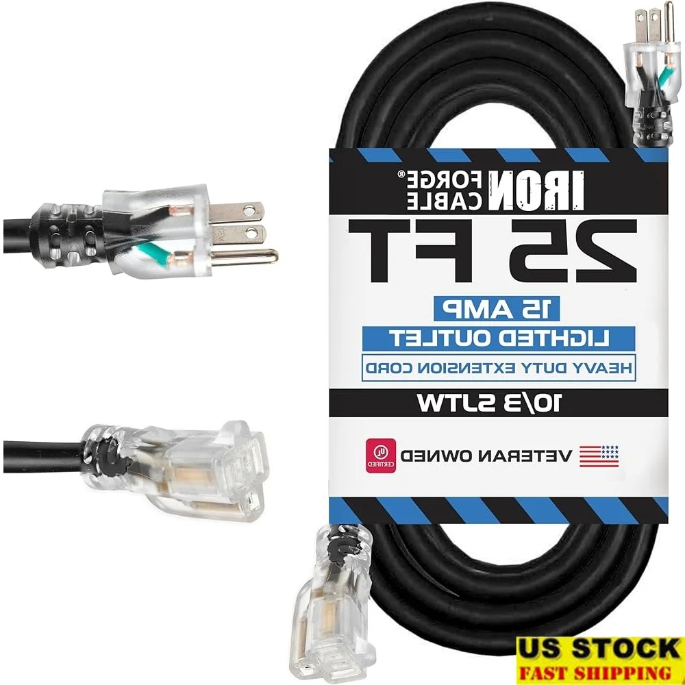 

25ft Lighted Outdoor Extension Cord Heavy Duty 10Gauge 15AMP Grounded Waterproof Flexible Electric Cable Indoor Outdoor Use