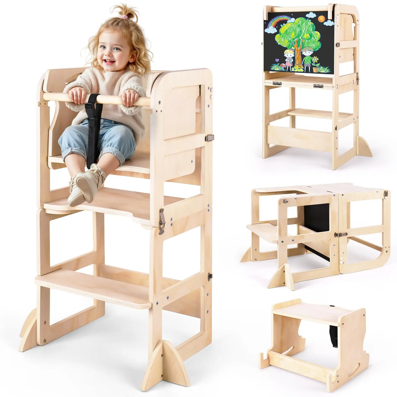

6 in 1 Wooden Foldable Kitchen Kids Helper Stool Safety Learning Tower Montessori for 1-6 Year Old Boy Girl Gifts