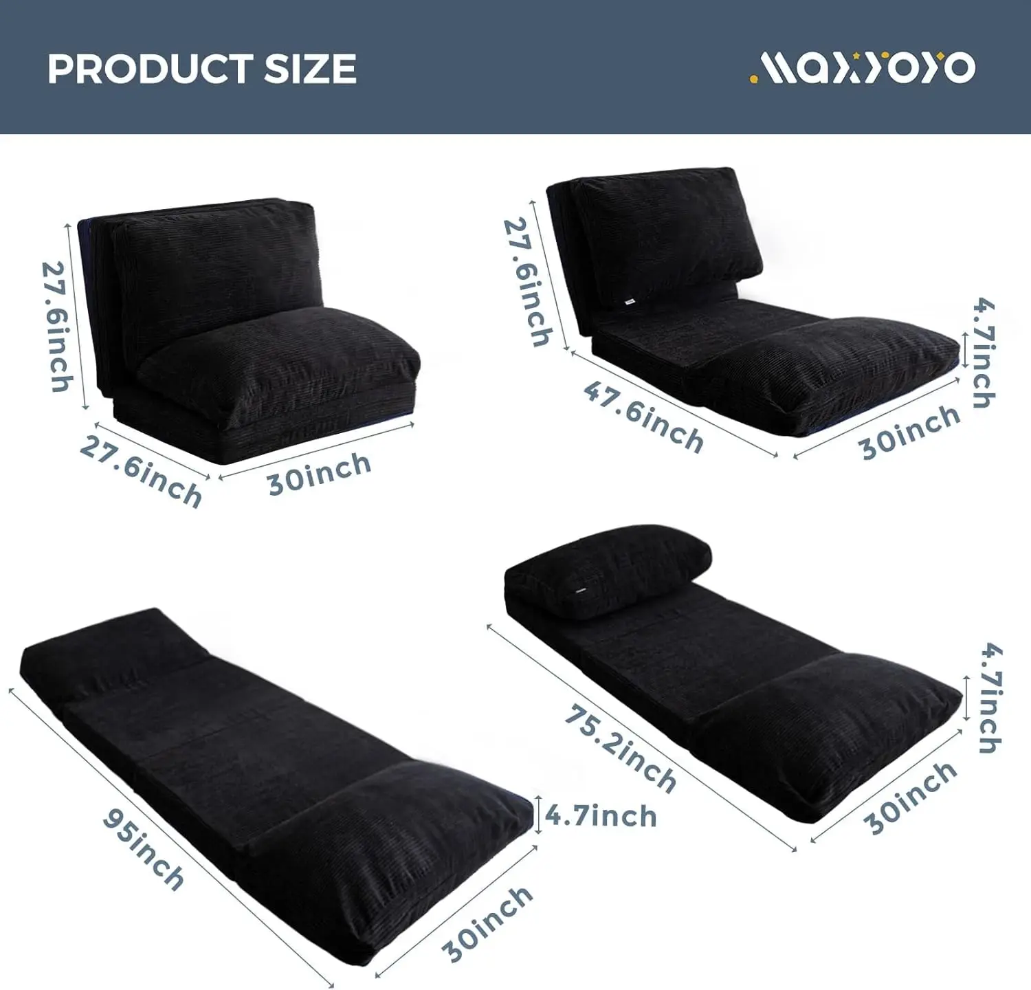 Maxyoyo Bean Bag Bed Folding Sofa Bed Floor Mattress For Adults, Extra Thick And Long Floor Sofa With Corded Washable Cover,