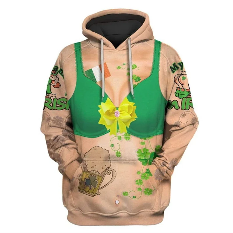 New Fashion Ireland Clover Graphic Hoodies Men Women 3D Printed Fake Muscle Cosplay Hoodie Tops St. Patricks Day Funny Clothing