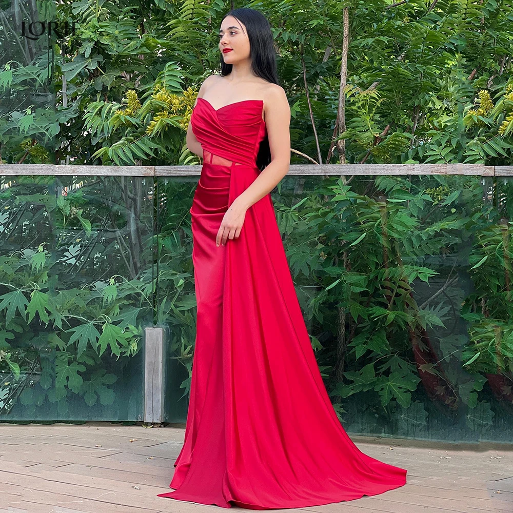 

LORIE Red Pleated Evening Dresses V-Neck Mermaid Off Shoulder Africa Celebrity Gowns Bodycon Saudi Arabia Satin Party Dress 2022