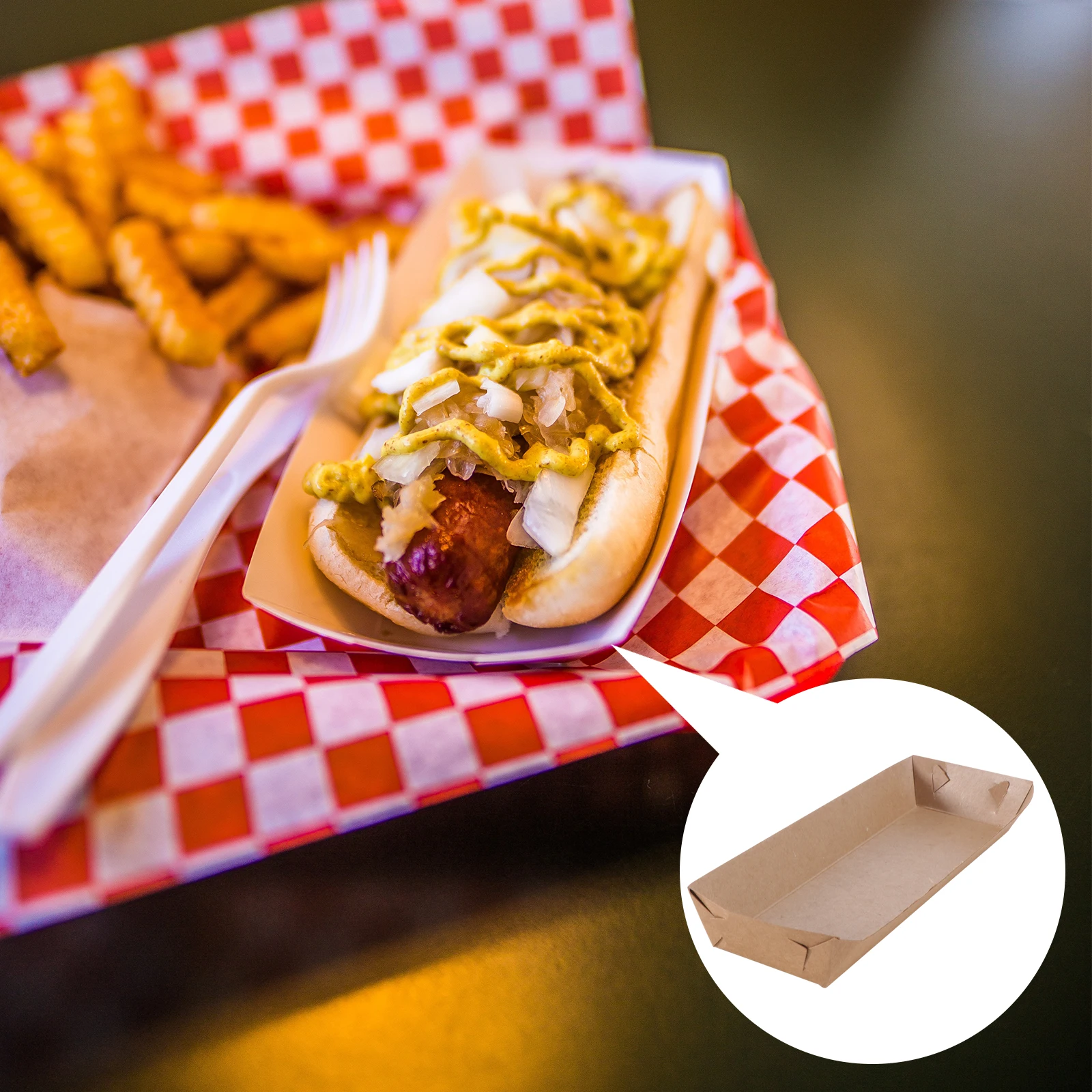 

50 pcs Oil Proof Food Tray Disposable Boat Shape Kraft Paper Snack Container Carnival Festival Picnic Kitchen Bar Supplies