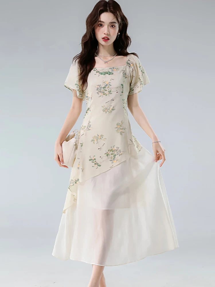 

Women Fashion Floral Patchwork Fake Two Piece Dress Summer Short Sleeve Square Collar Long Dress 2025 Korean Elegant Party Dress