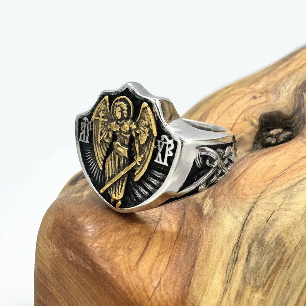 St. Michael Solid Ring For Man 316L Stainless Steel Jewelry Angel Ring Size 7-13