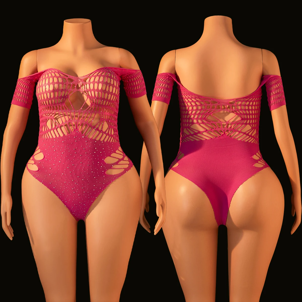 

Rhinestone Sexy Lingerie for Women Open Back Off Shoulder Bodysuit Hollow Out Teddy Lingerie for Private Night Club Party