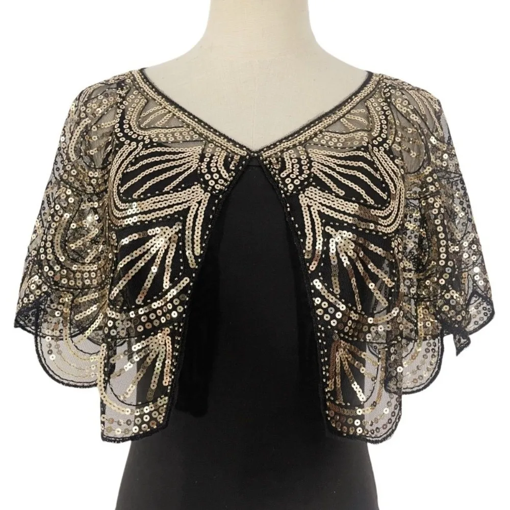 Elegante poncho con paillettes con volant Cappotto in rete scintillante Mantello corto Mantello corto Scialli con paillettes a tema anni '20 Cena per feste