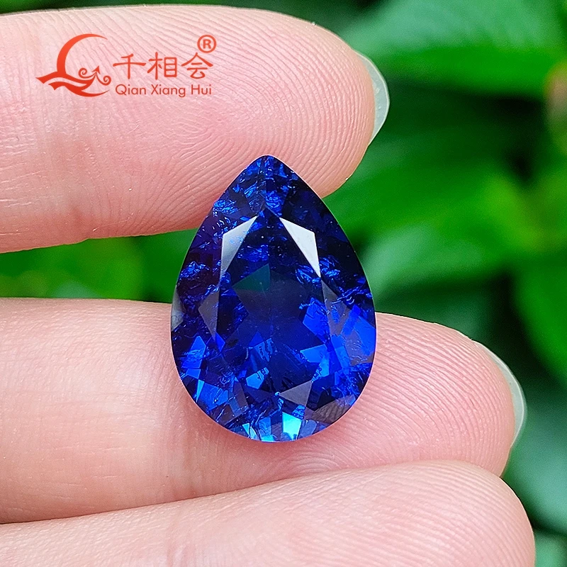 

Royal blue Cornflower Blue color pear shape natural cut lab created sapphire including minor cracks inclusions loose gem stone