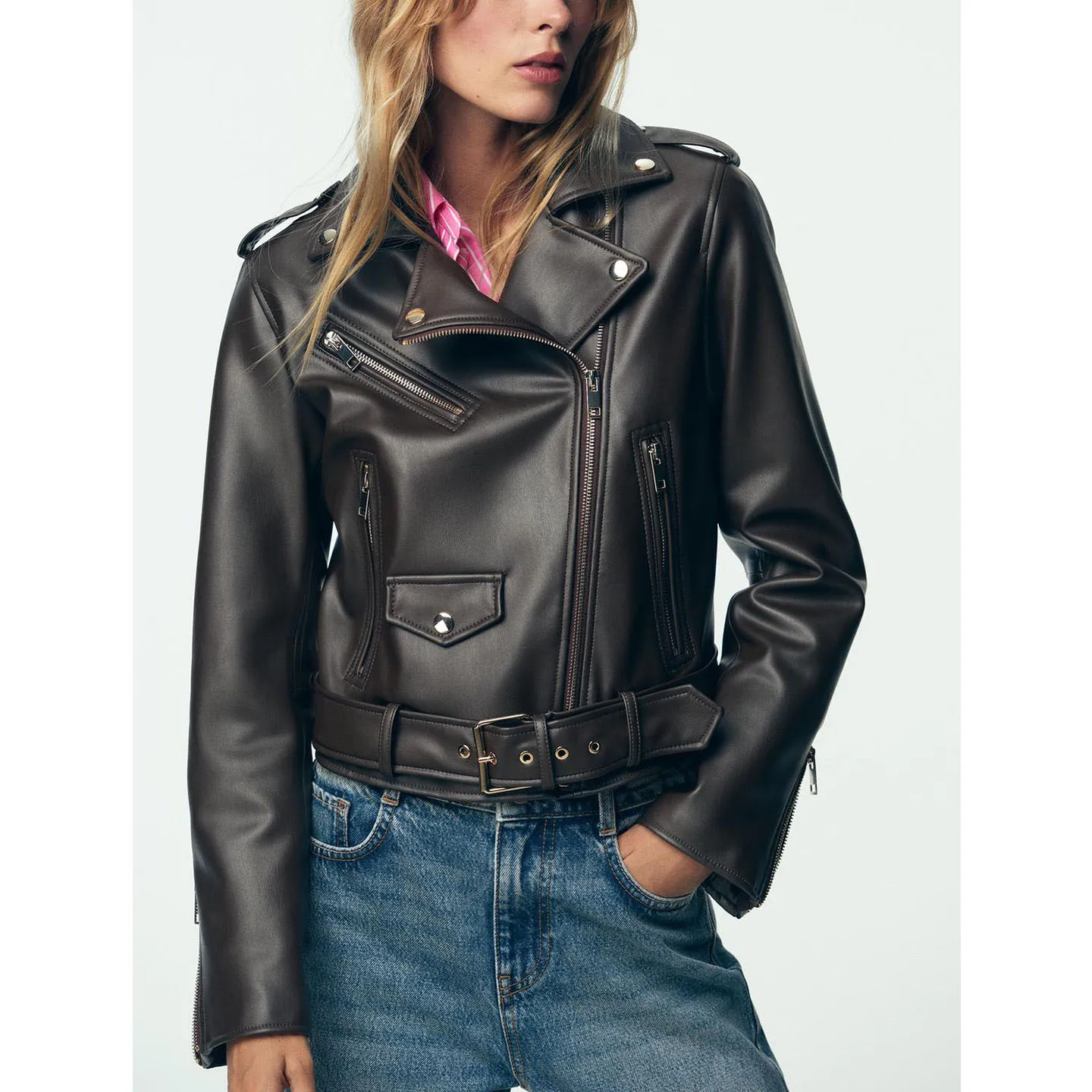 Autunno 2025 Cappotto da moto in pelle PU con cerniera lunga americana da donna in fibra di poliestere 00% senza marca