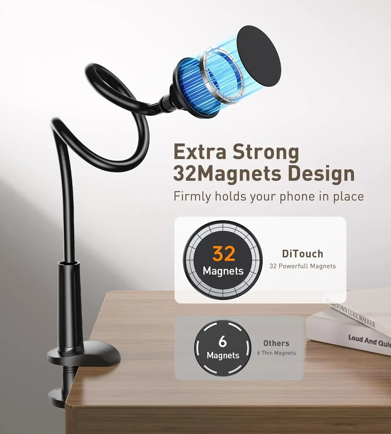Magnetic Mobile Phone Stand Gooseneck Office Home 360° Rotation Bed Table Foldable Holder with Metal Rings for iPhone 16 15 14