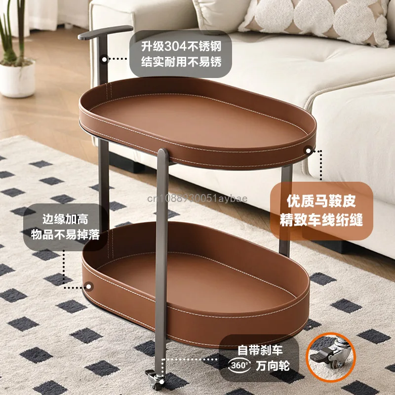 Saddle Leather Mobile Coffee Table Trolley Side Sofa Side Cabinet Living Room Home Corner Bedroom with Wheel Rack