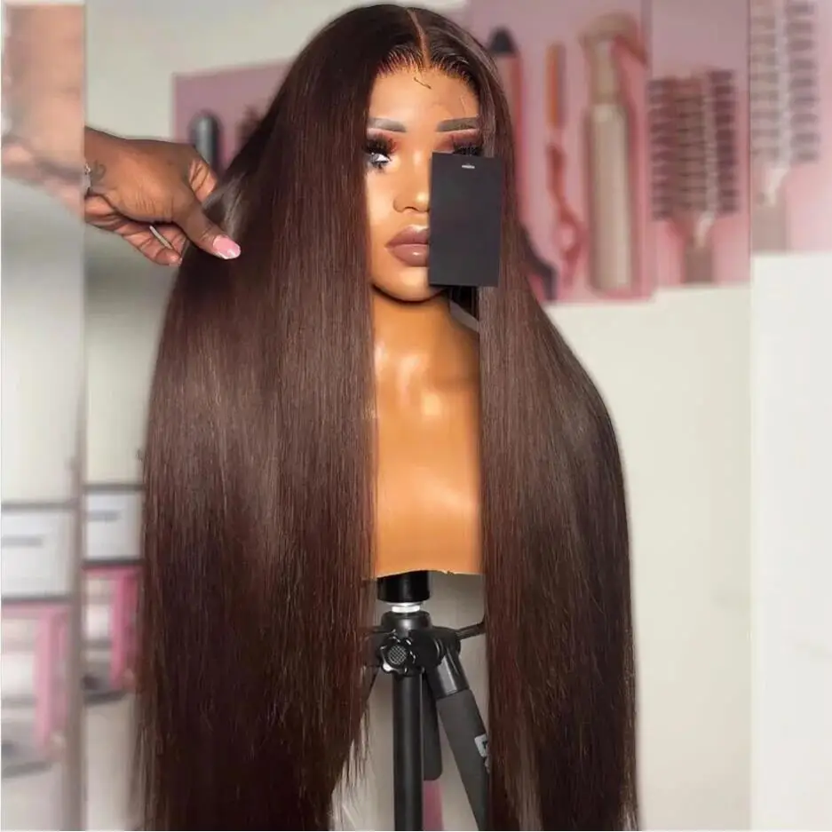 Soft 26inch 180Density Long Brown Silky Straight Deep Lace Front Wig For Black Women Babyhair Preplucked Heat Resistant Glueless