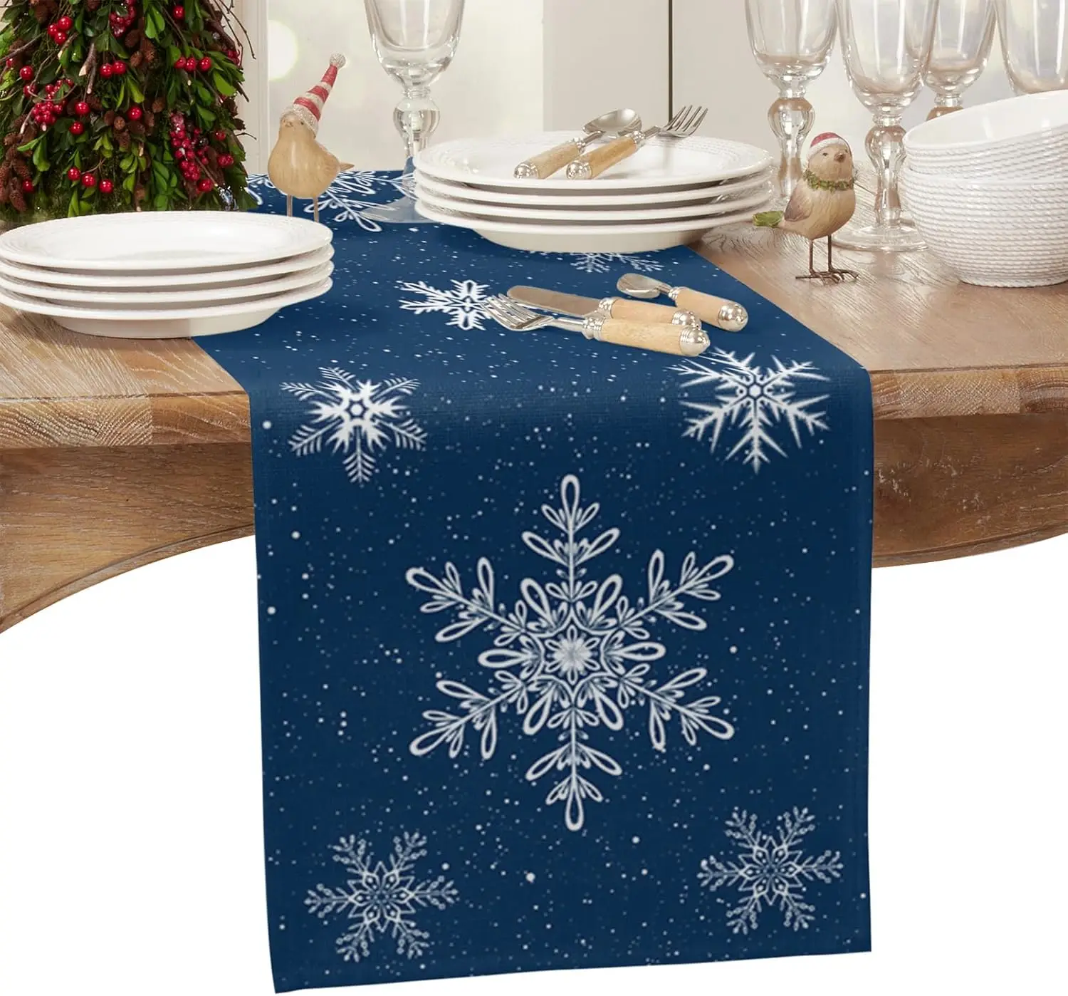 Runner da tavolo natalizi in lino con fiocco di neve blu navy, comò, sciarpa, decorazione, runner da tavolo da pranzo da cucina lavabili,