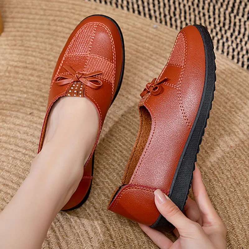 Women Round Toe Bow Tie Ballet Flats Shoes Retro Loafers Women Slip on Light Flat Casual Shoes Moccasins Flat Shoes Mom Loafer