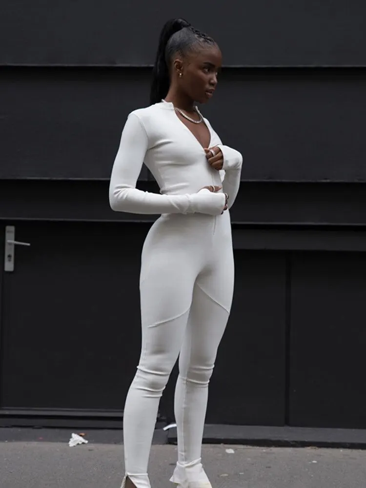 InstaLike Solid Black/White Bodycon Jumpsuit Overalls Women Sport Rompers Club Outfits Fitness Long Sleeve Zip Elastic One Piece