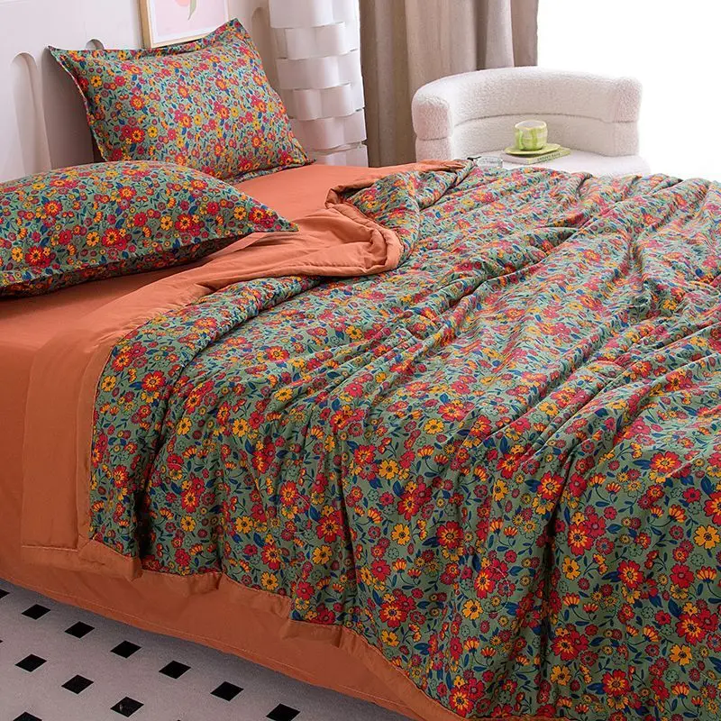 Nordic Cotton Filling Summer Quilt Washable Printed Comforters Thin Quilted Duvet Pastoral Style Comforter for Double Queen Bed